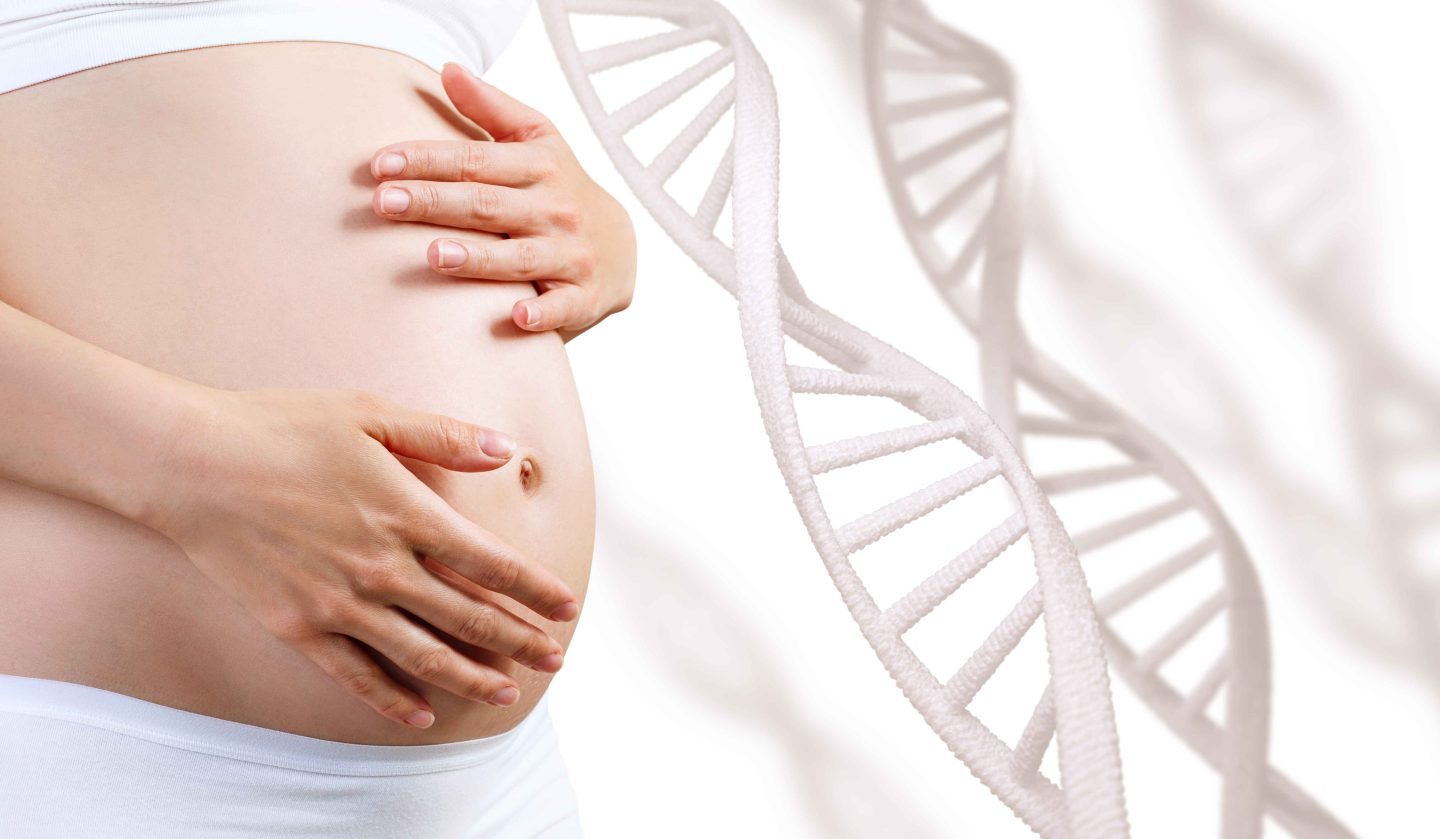 Young,Pregnant,Woman,Caress,Belly,Among,Dna,Stem.
